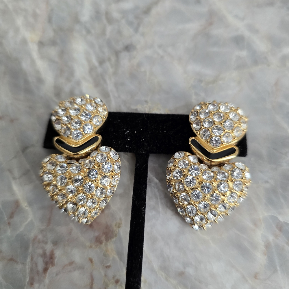 Vintage Christian Dior Rhinestone Double Heart Clip-on Earrings